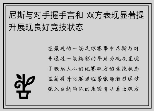 尼斯与对手握手言和 双方表现显著提升展现良好竞技状态