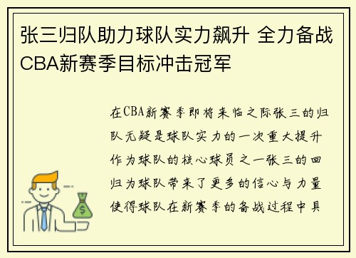 张三归队助力球队实力飙升 全力备战CBA新赛季目标冲击冠军