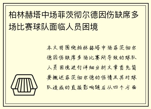 柏林赫塔中场菲茨彻尔德因伤缺席多场比赛球队面临人员困境