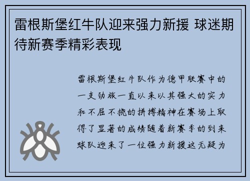 雷根斯堡红牛队迎来强力新援 球迷期待新赛季精彩表现