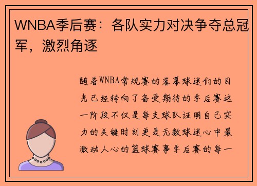 WNBA季后赛：各队实力对决争夺总冠军，激烈角逐